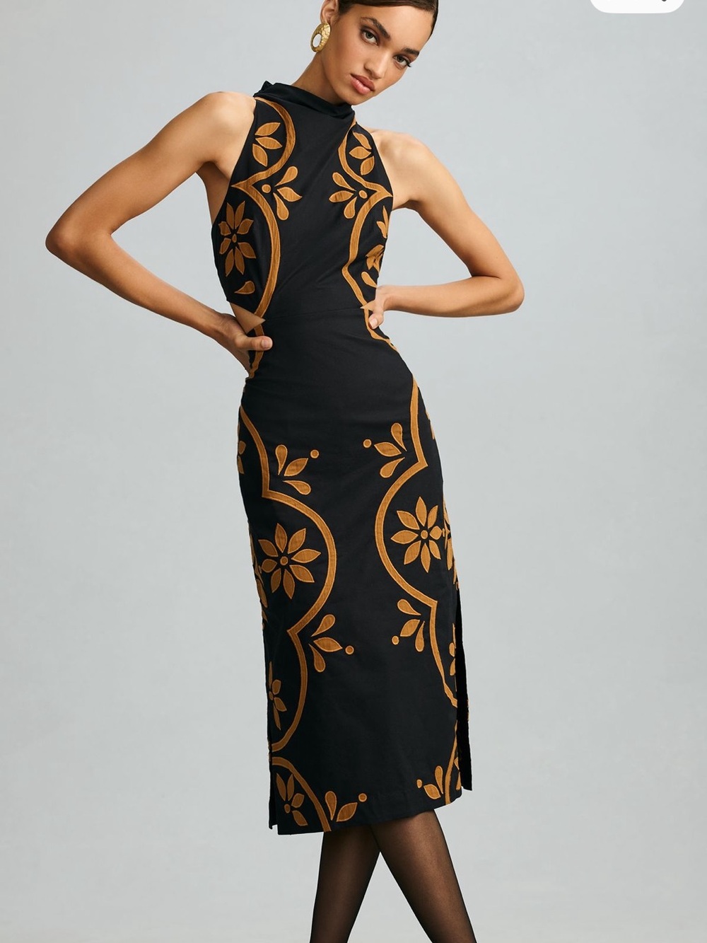 Black Floral Cutout Maxi Dress with Mustard Embroidery